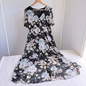 Kate & Mallory NWOT Women's High-Low Maxi Dress, Flutter Sleeve, Black/Blue, S